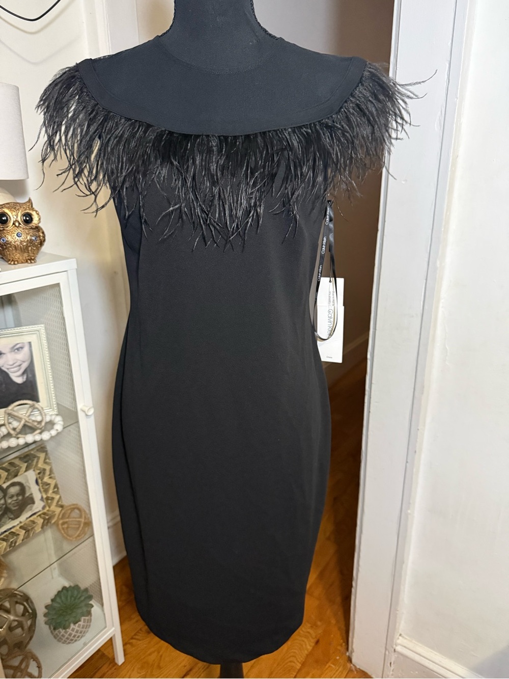 Calvin Klein Black Feather-Trim Midi Dress